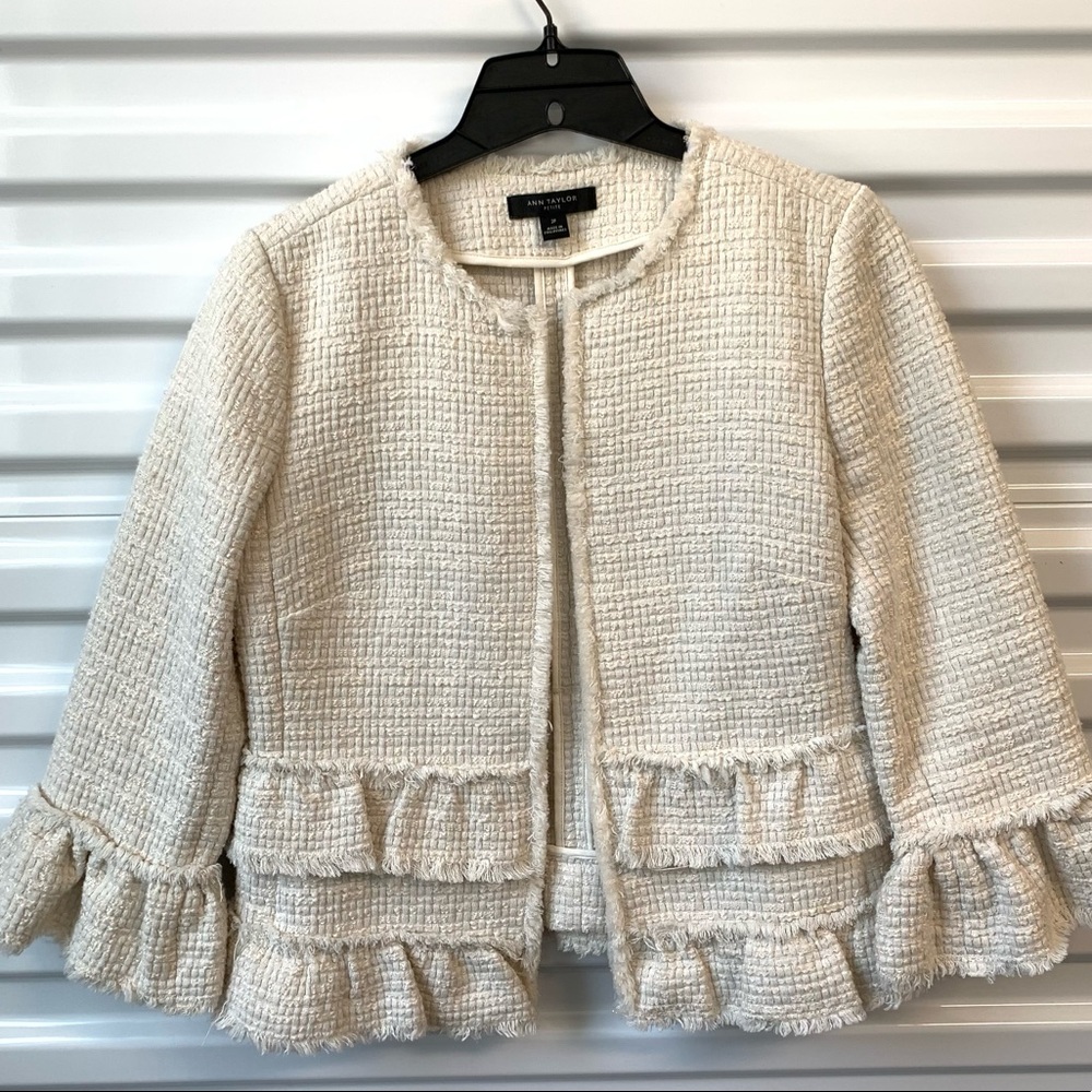 Ann Taylor PETITE jacket 2P cream white, fringe, peplum EUC
